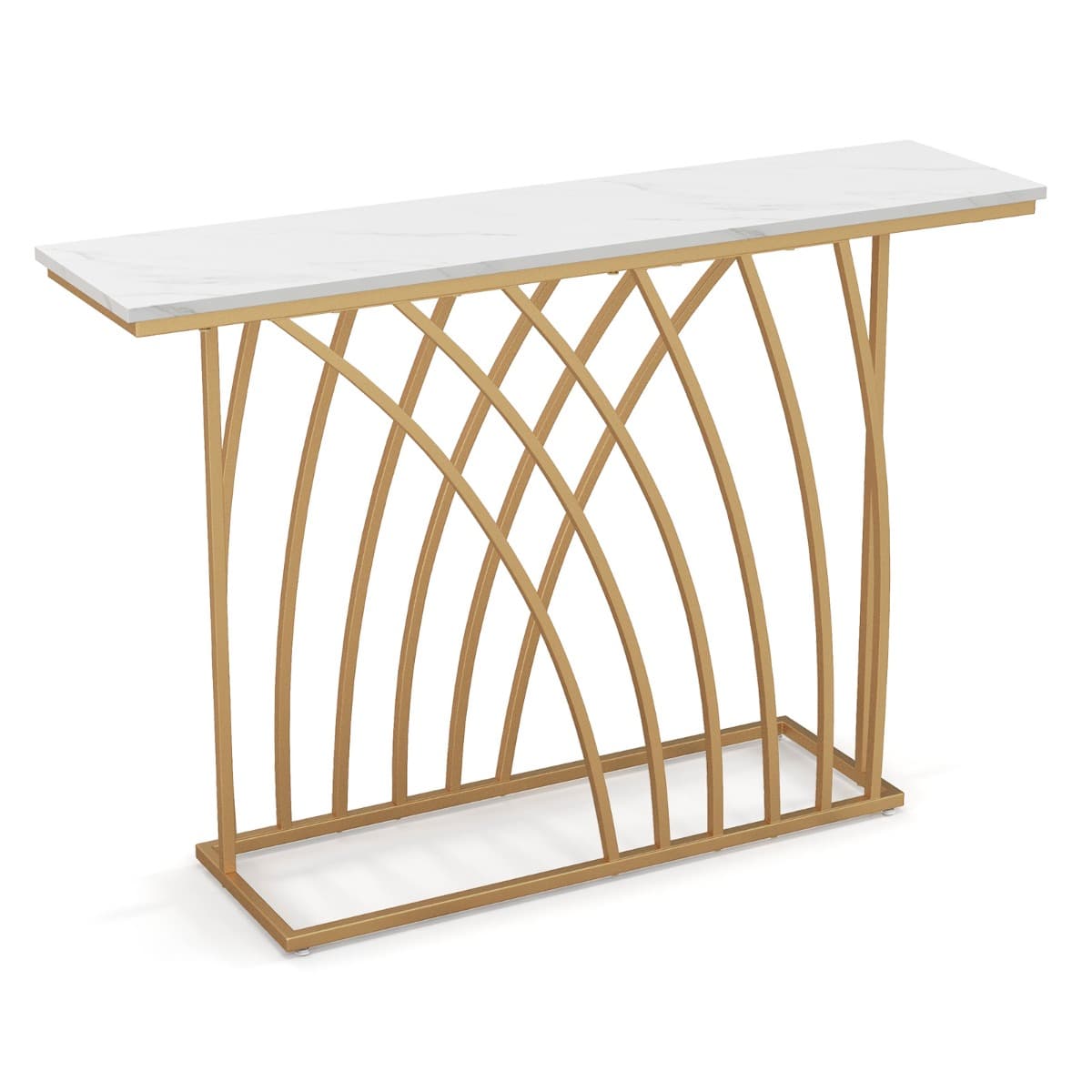 CostwayTable Console Meuble d'Entrée en Faux Marbre Design Géométrique Moderne Cadre en Métal Doré Kit Anti-Basculement 120 x 30 x 80 cm Blanc et Or
