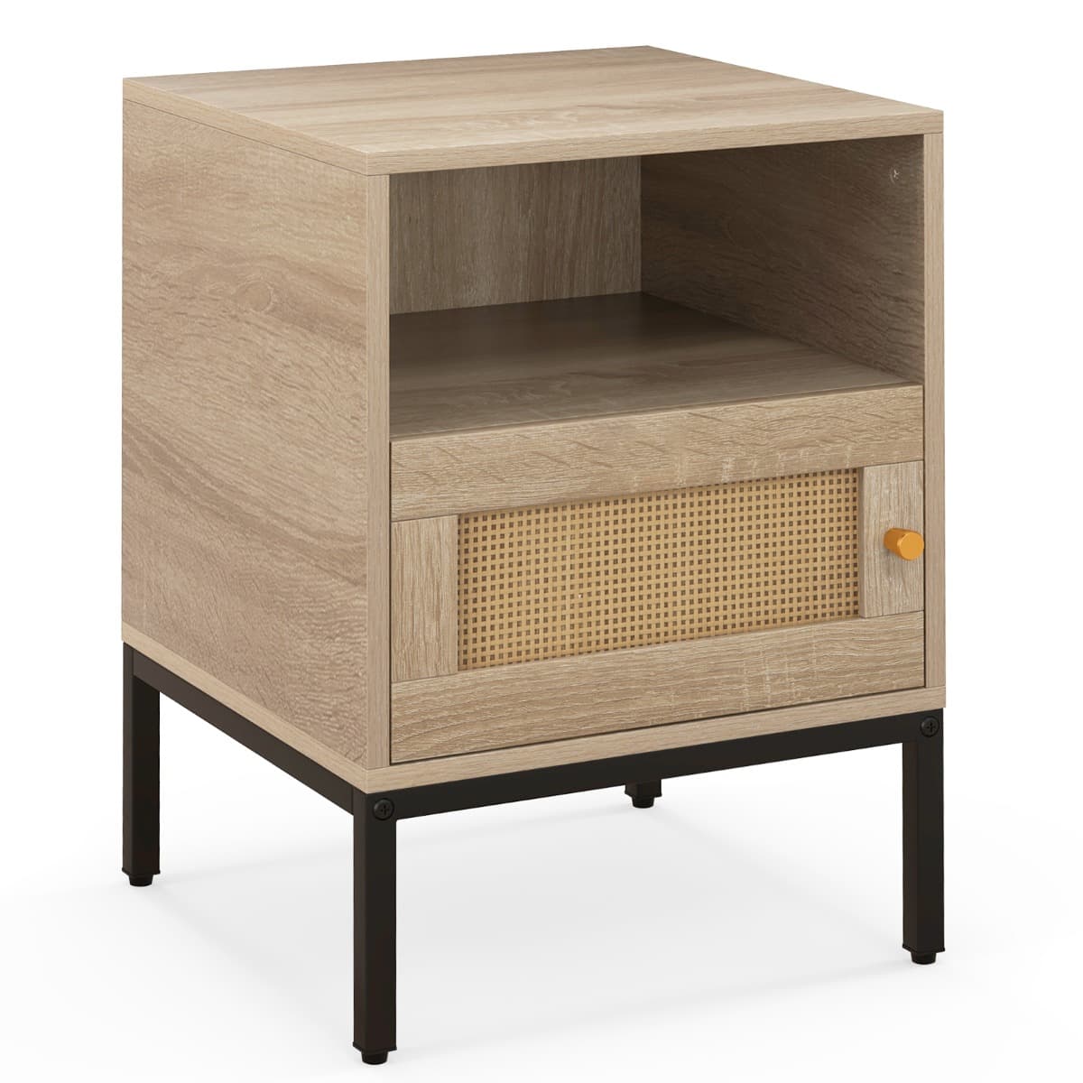 CostwayTable de Chevet avec Rangement Table d'Appoint de Style Bohème Etagère Ouverte Armoire à Porte Décoration en Rotin Pieds en Métal
